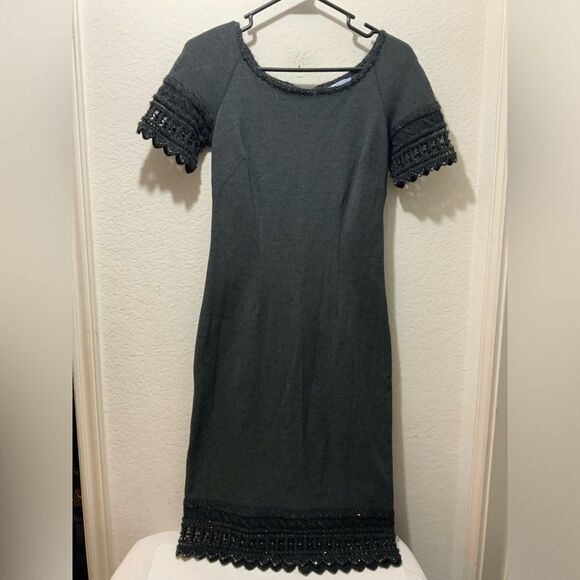 Blumarine Y2K Gray Bodycon Crochet Bead Trim Dress 40 Italy Runway Wool Stretch - Picture 1 of 12